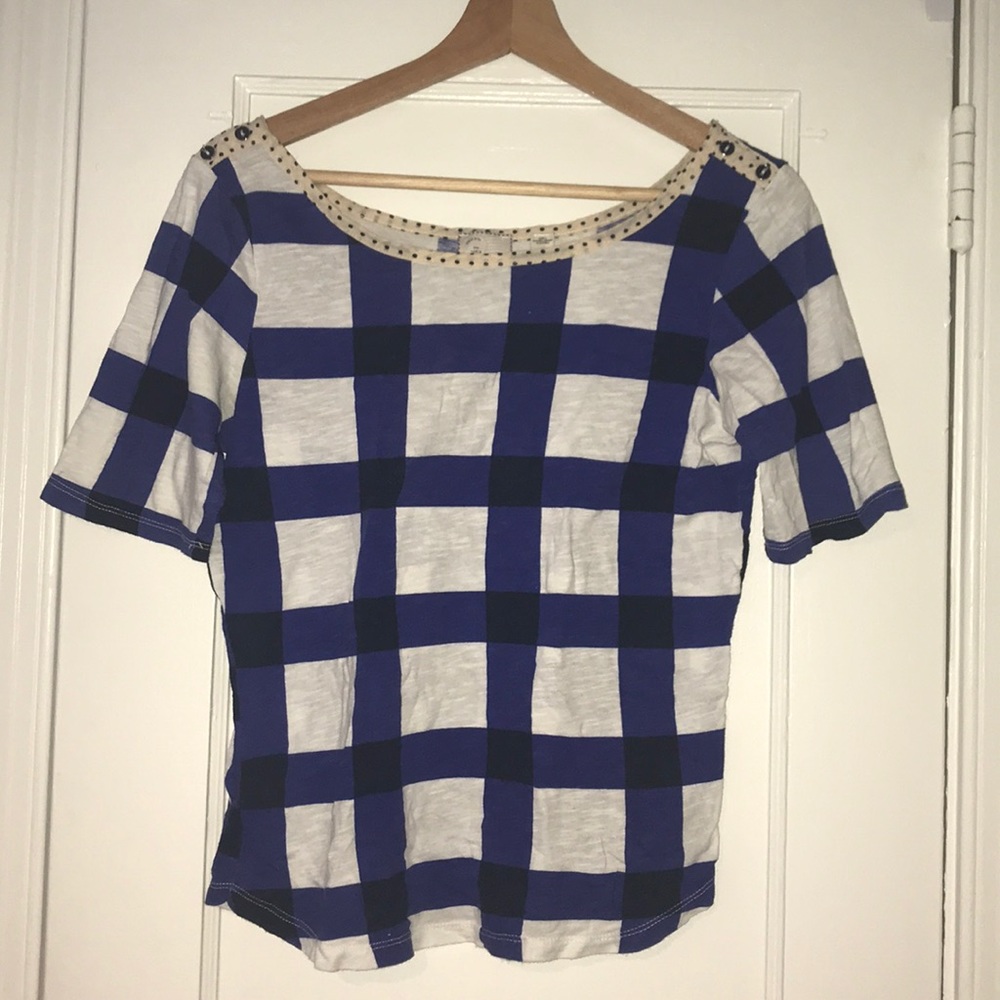 Anthropologie Blue and White Checked Short Sleeve Tee